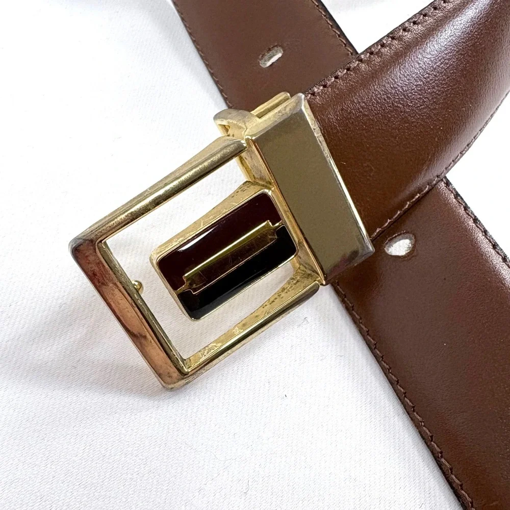 Leather Belt Brown Gold Enamel Buckle Made in France Size Women 31-35